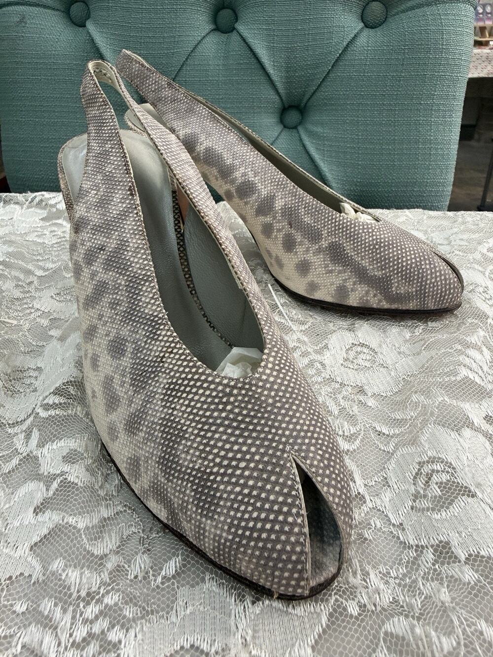 Vintage 1970's does 1930's PETRA Grey Leather Embossed Slingback Peep Toe Heels